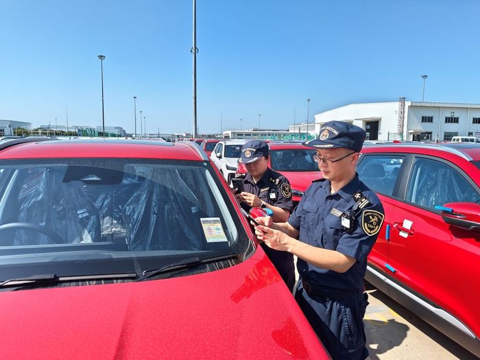 Customs officers inspecting export vehicles